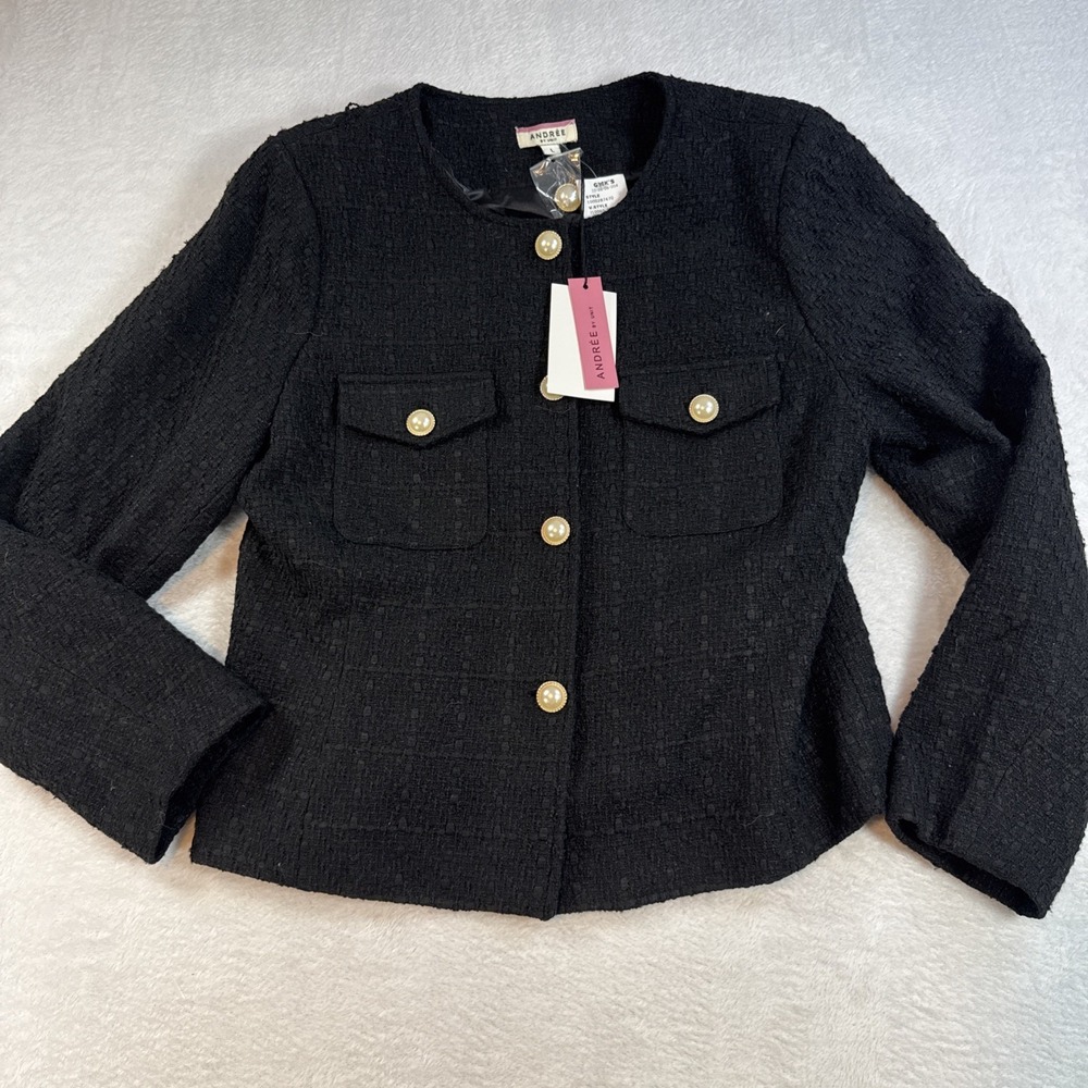Andree by Unit Women's L Black Gold Pearl Tweed Cropped Blazer Jacket Elegant